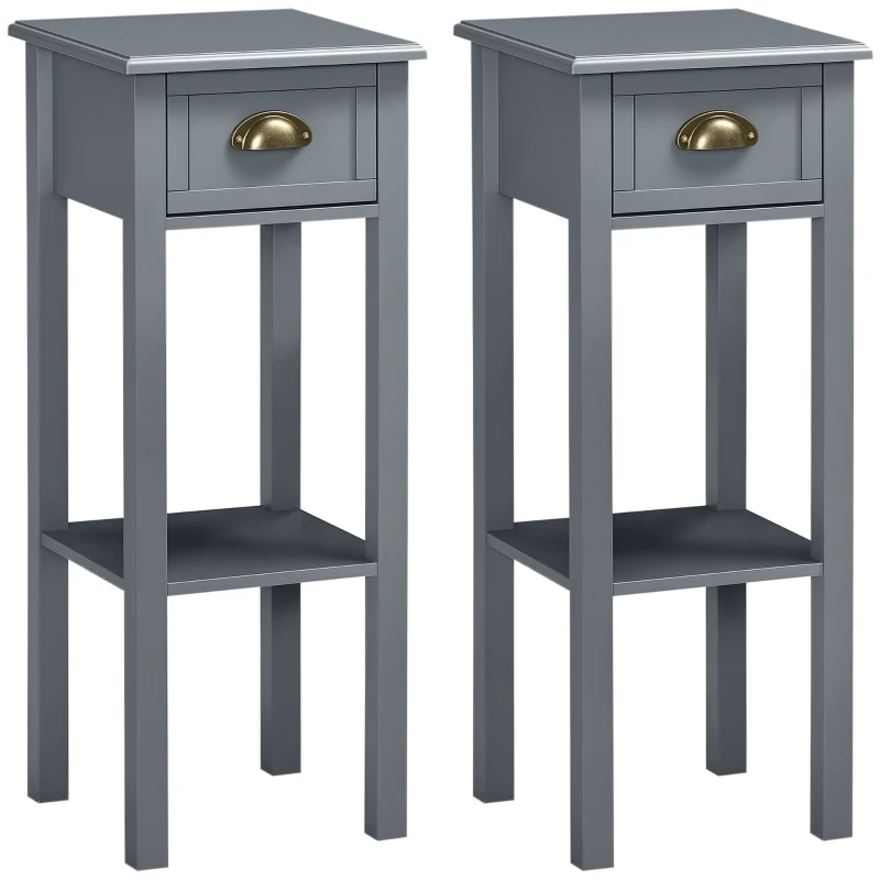 HOMCOM Bedside Table Set of 2, Narrow Side Table with Drawer and Shelf, 2 Tier Tall Nightstand for Bedroom, Grey