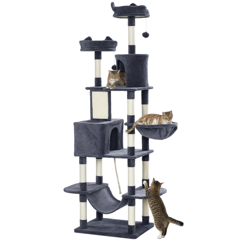 PawHut 81" Large Cat Tree w/ Scratching Posts, Condos, Beds, Hammocks, Jumping Platforms, Toy Balls, Rope Cat Toy, Dark Grey