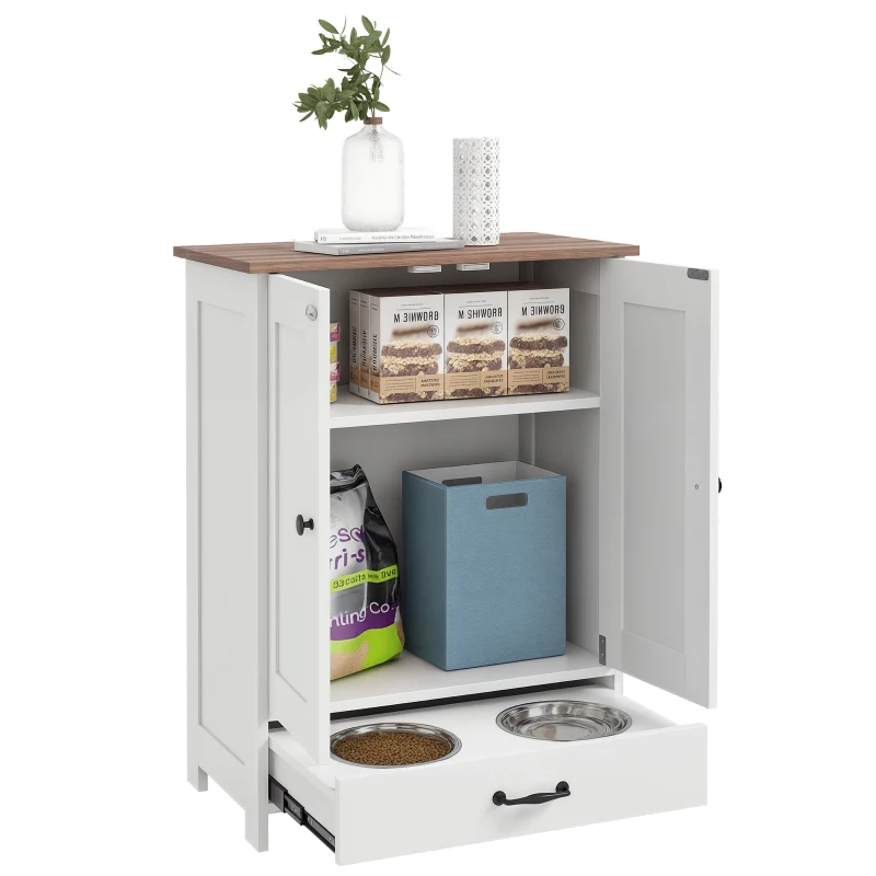 PawHut Pet Feeding Station, Dog Food Storage Cabinet w/ Raised Dog Bowls, Adjustable Panel, Hooks for Medium Dogs, White
