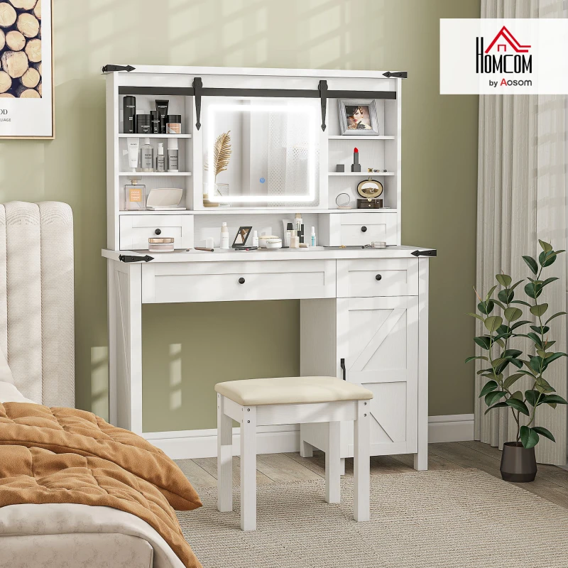 HOMCOM Vanity Desk Set with Mirror and Lights, Cushioned Stool, Storage Drawer, Cabinet, Shelves for Bedroom, White
