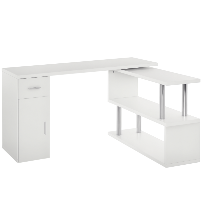 HOMCOM Rotating Computer Desk, 55" L-Shaped Desk, Corner Desk with Storage Shelves, Cabinet and Drawer for Home Office, White