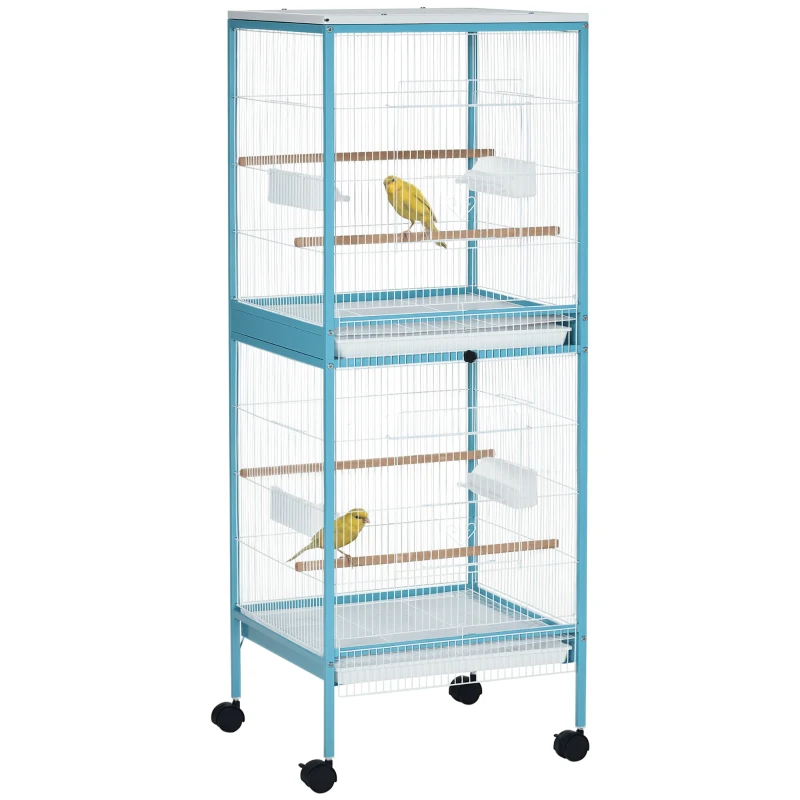 PawHut 55.1" 2 In 1 Bird Cage Aviary Parakeet House for finches, budgies with Wheels, Slide-out Trays, Wood Perch, Food Containers, Light Blue