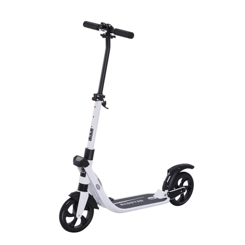 Soozier Foldable Kick Scooter with Adjustable Handlebar, Rear Brake, Dual Shock-Absorbing and Large Solid PU Tires Aluminum Frame for 14 Years Old and Up Teens Adult, White