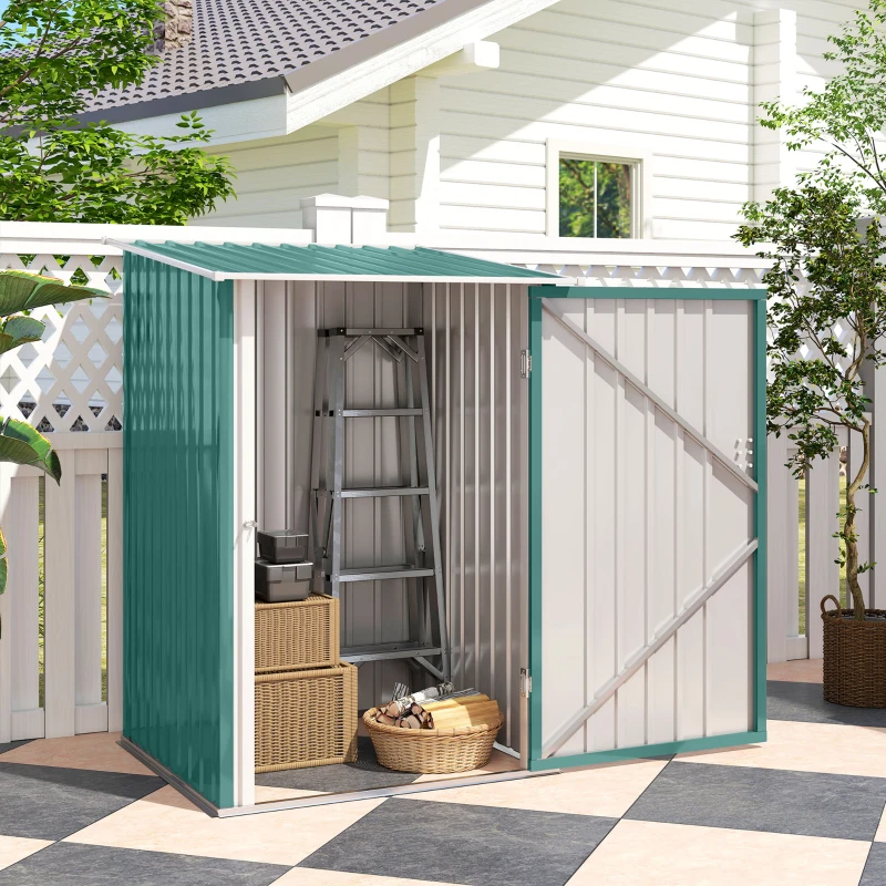Outsunny 3.3' x 3.4' Lean-to Garden Storage Shed, Outdoor Galvanized Steel Tool House with Lockable Door for Patio Green