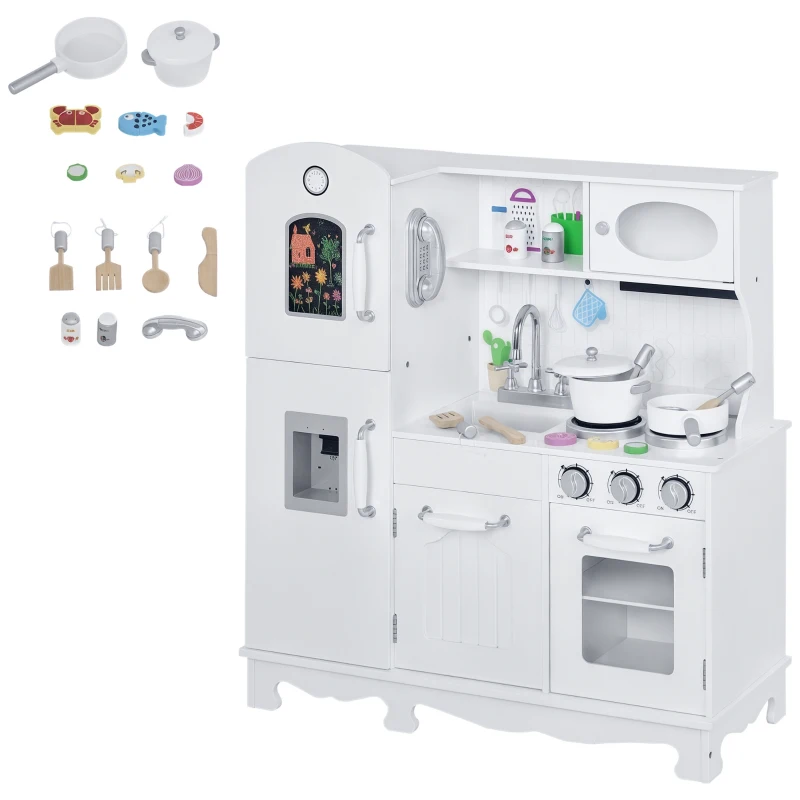 Qaba Kids Kitchen Playset with Telephone, Wooden Kitchenette for kids with Cookware, Storage Cabinet, Water Dispenser, Blackboard, Toddler Pretend Play Kitchen with Cooking Accessories for Aged 3+