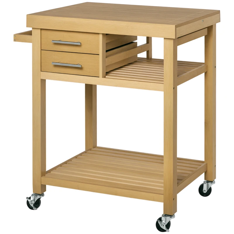 HOMCOM Bamboo Rolling Kitchen Island Trolley with Drawers & Shelves