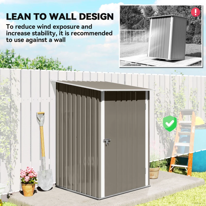 Outsunny 3.3' x 3.4' Lean-to Outdoor Garden Storage Shed, Galvanized Steel with Lockable Door for Patio Brown and White