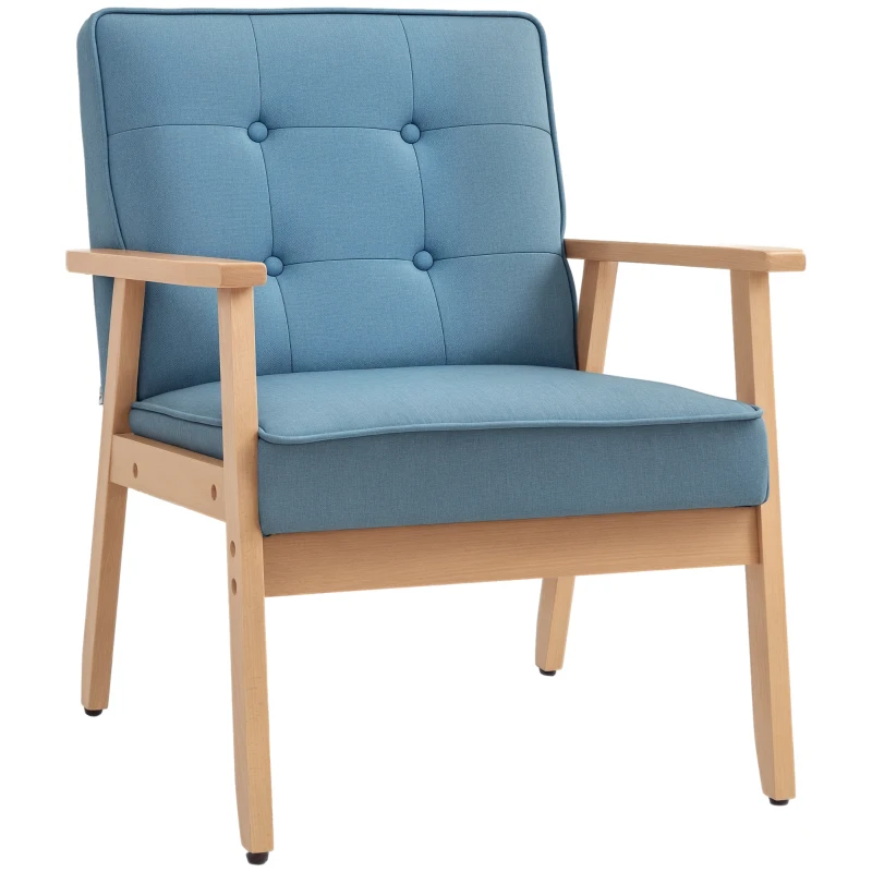 HOMCOM Modern Armchair Fabric, Accent Chair with Tufted Back, Wood Legs and Thick Padding for Living Room, Bedroom, Blue