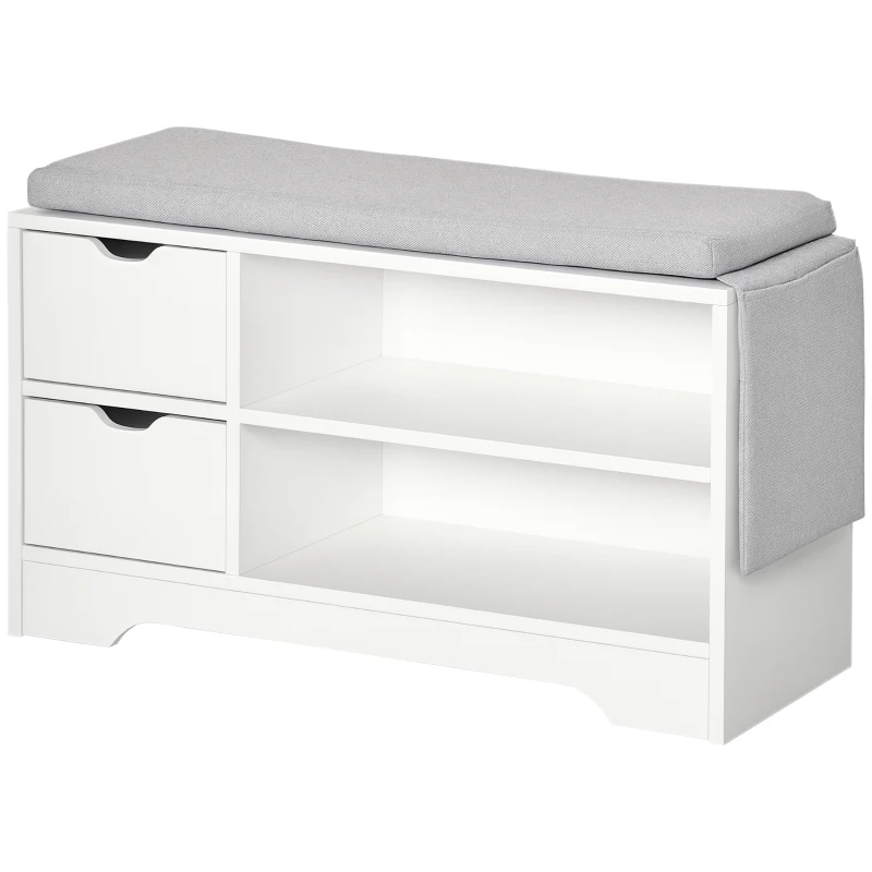 HOMCOM Upholstered Shoe Storage Bench w/ Seat, Entrance Bench w/ Drawer Open Shelves and Pocket for Hallway, White
