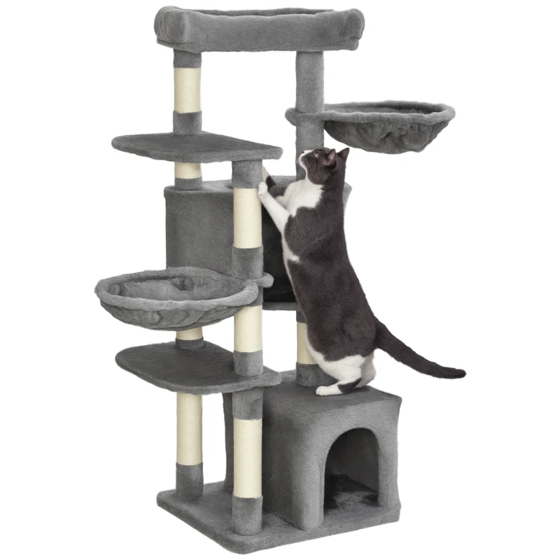 PawHut 52.5" Cat Tree Tower with Scratching Posts, Cat Condos, Bed, Platforms, Hammocks, for Indoor Cats, Grey