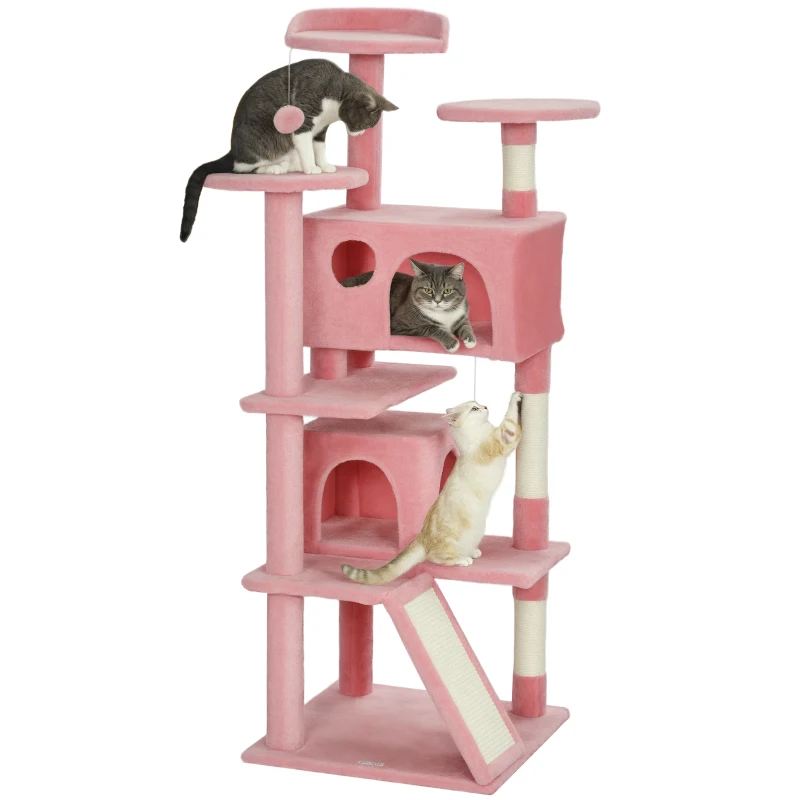 PawHut 54" Cat Tree, Multi-Level Cat Tower with Scratching Posts, Cat Condos, Bed, Platforms, Ramp, Toy Ball, Pink