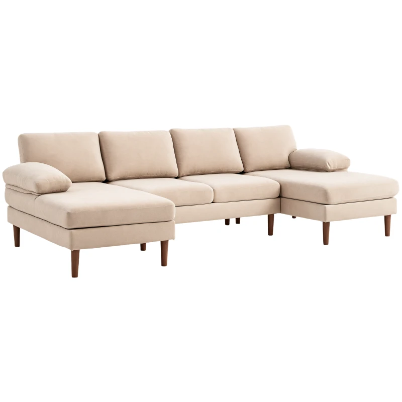 HOMCOM U Shape Couch with Double Chaise Lounge, Modern 4 Seater Sofa with Wooden Legs, Fabric Sofa for Living Room, Beige