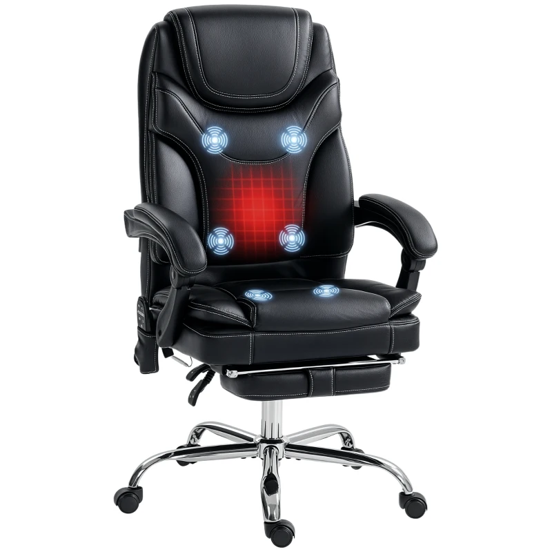 Vinsetto 6 Point Vibration Massage Office Chair, PU Leather Heated Reclining Computer Chair with Footrest, Black
