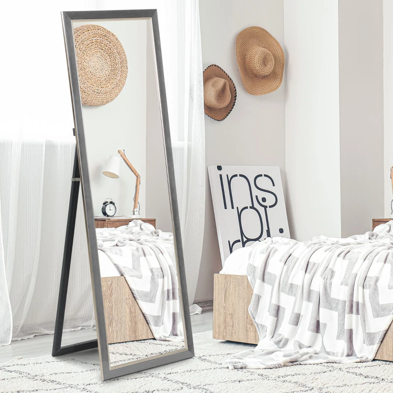 HOMCOM Floor Standing Mirror, Full Body Mirror, Free Standing, Leaning or Wall Mirror with Frame for Bedroom, Grey