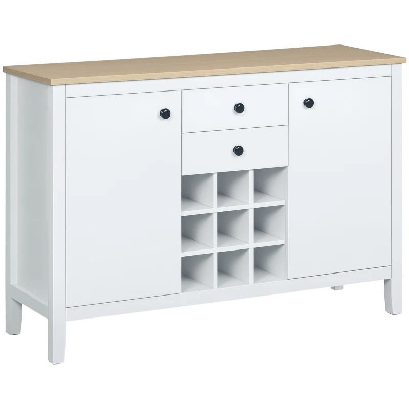 HOMCOM Coffee Bar Cabinet 9-Bottle Wine Rack, Sideboard Buffet Cabinet, Wine Cabinet with Drawers and Adjustable Shelves, Natural and White