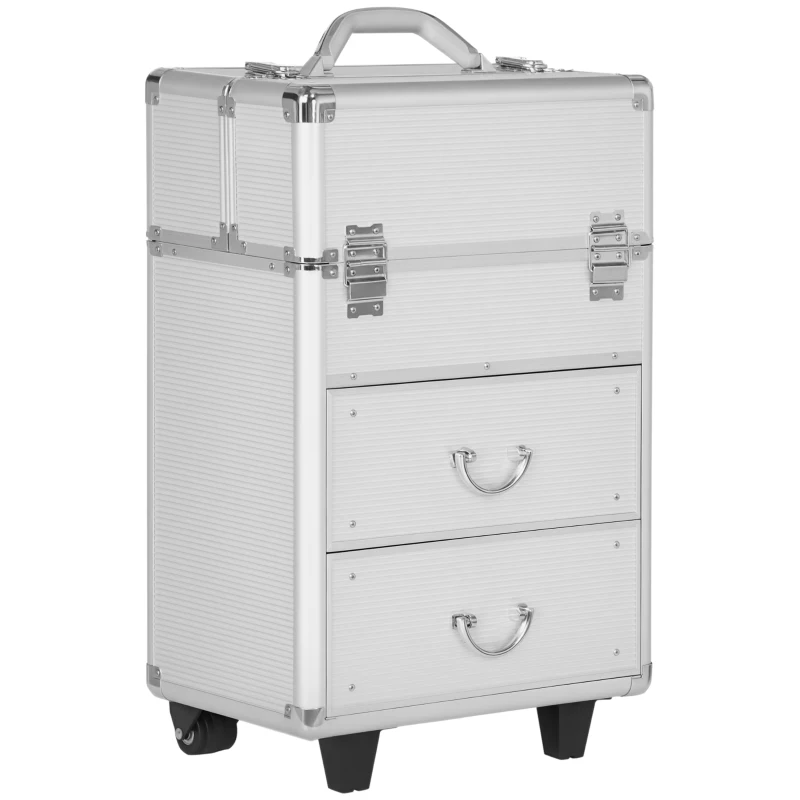 HOMCOM Rolling Makeup Train Case, Large Storage Cosmetic Trolley, Lockable Traveling Cart Trunk with Folding Trays, Swivel Wheels and Keys, Silver