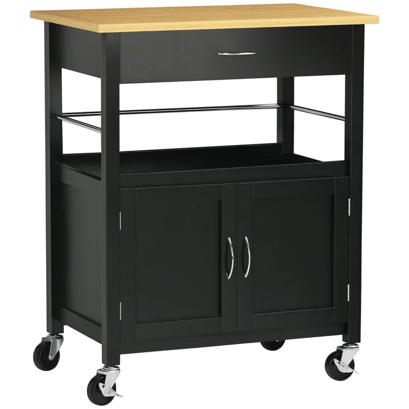 HOMCOM Kitchen Cart, Utility Trolley, Small Kitchen Island with Storage Drawer & Side Hooks for Dining Room, Black