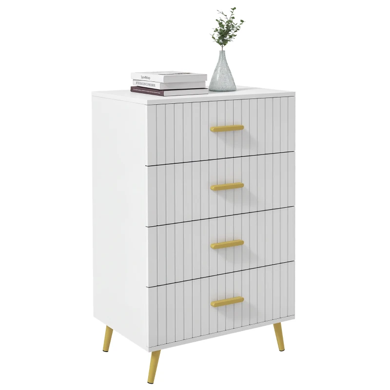HOMCOM 4 Drawer Cabinet, Drawer Chest for Bedroom, Chest of Drawers with Aluminium Legs and Gold Handles, White