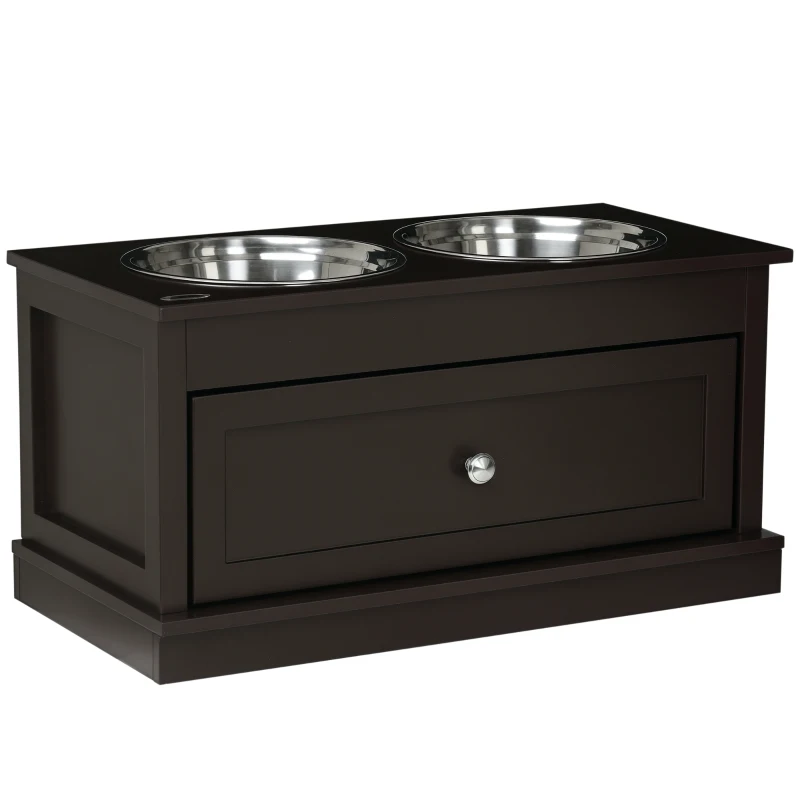 PawHut Large Elevated Dog Bowls with Storage Drawer Containing 11L Capacity, Raised Dog Bowl Stand Pet Food Bowl Dog Feeding Station, Brown