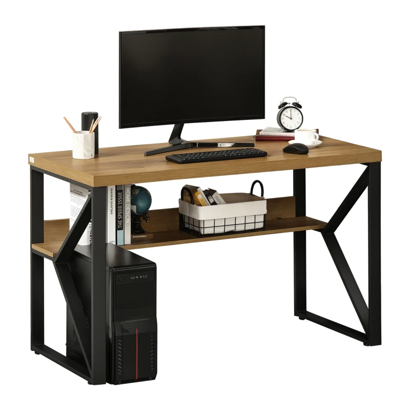 HOMCOM 47 Inch Industrial Writing Desk with Storage Shelf, Computer Desk with K-Shaped Steel Frame and Adjustable Footpads for Office, Black/Brown