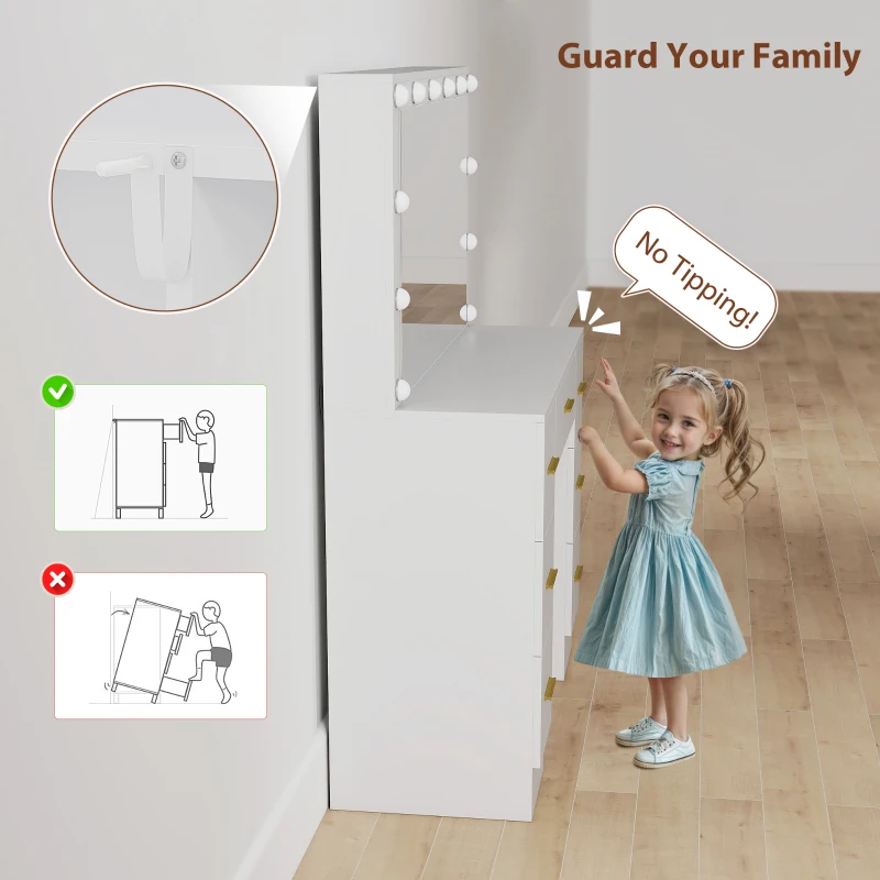 HOMCOM Makeup Vanity Table with Lights, Dressing Table with 7 Drawers, 6 Hidden Sliding Storage Compartments, White