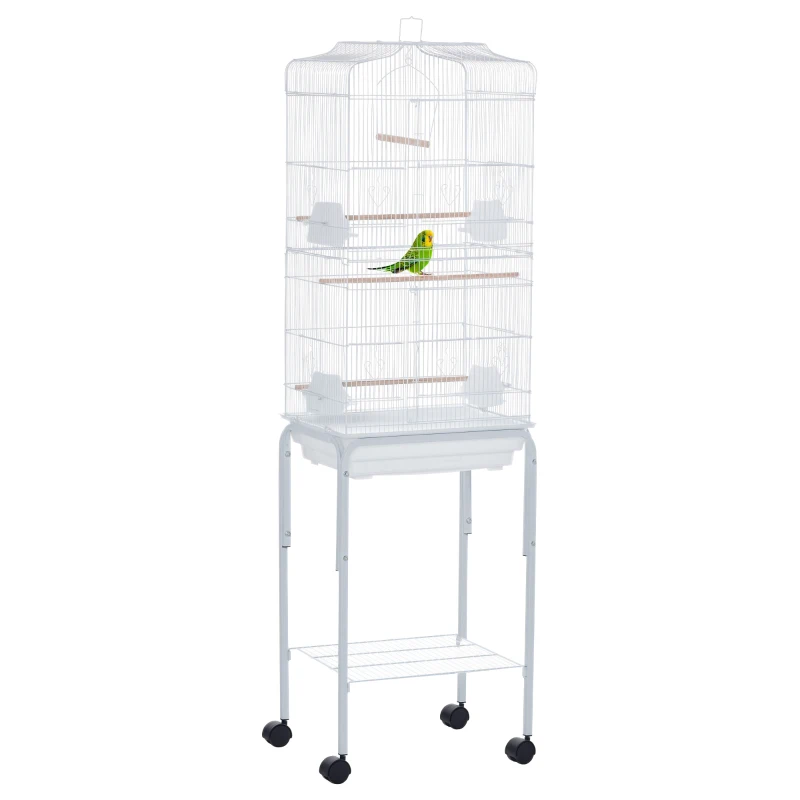 PawHut 60" Metal Indoor Bird Cage Starter Kit with Detachable Rolling Stand, Storage Basket, and Accessories, White