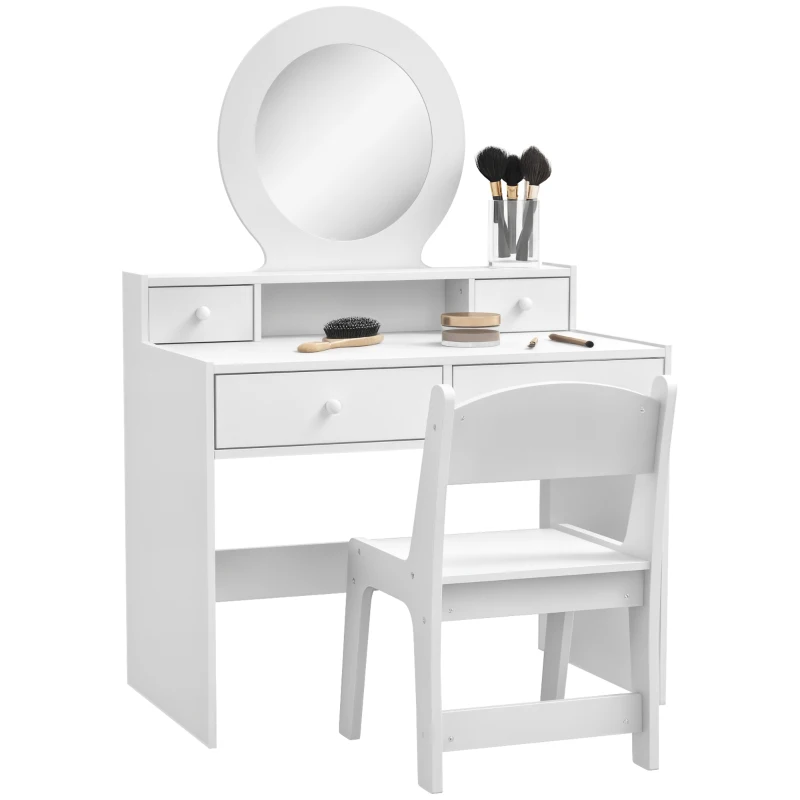 Qaba Kids Vanity Set, Children Makeup Table with Mirror, Stool and Storage Drawers, for Ages 3-8, White