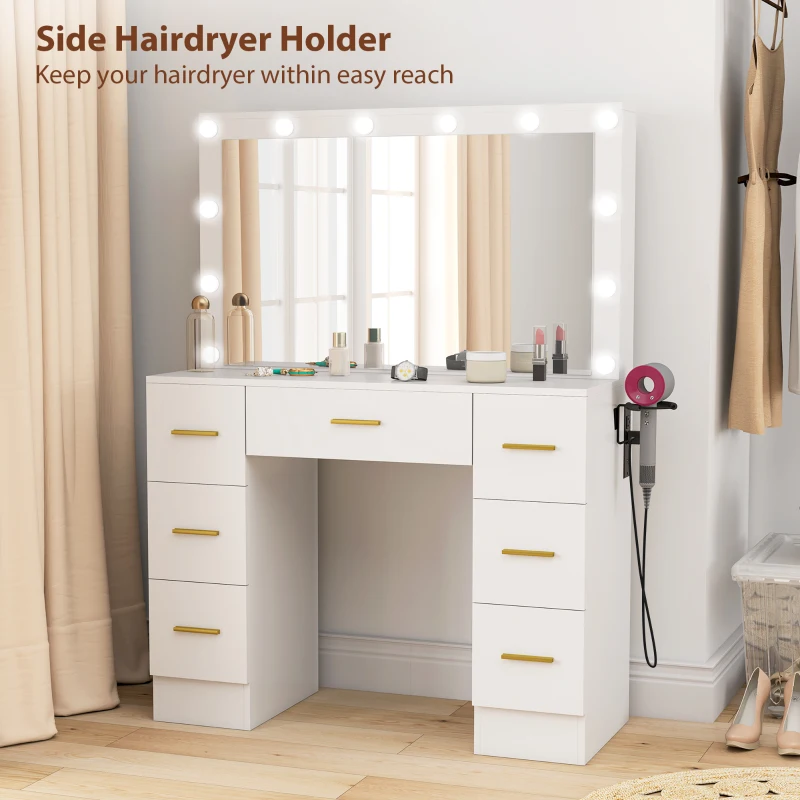 HOMCOM Makeup Vanity Table with Lights, Dressing Table with 7 Drawers, 6 Hidden Sliding Storage Compartments, White