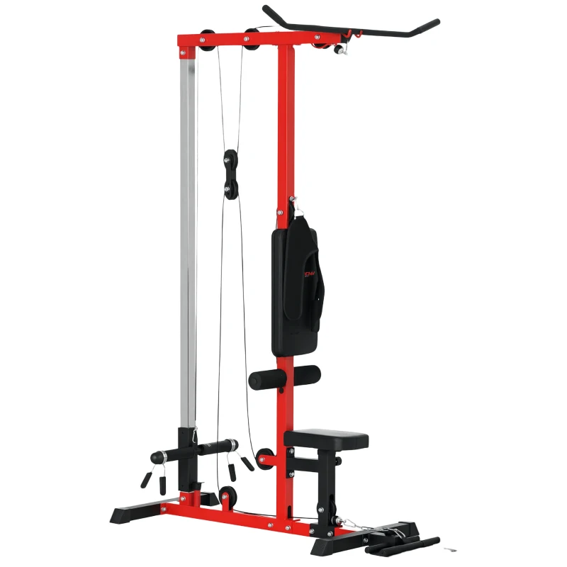 Soozier Lat Pull Down Machine, High / Low Pulley Machine with Adjustable Seat and Flip-Up Footplate, Red