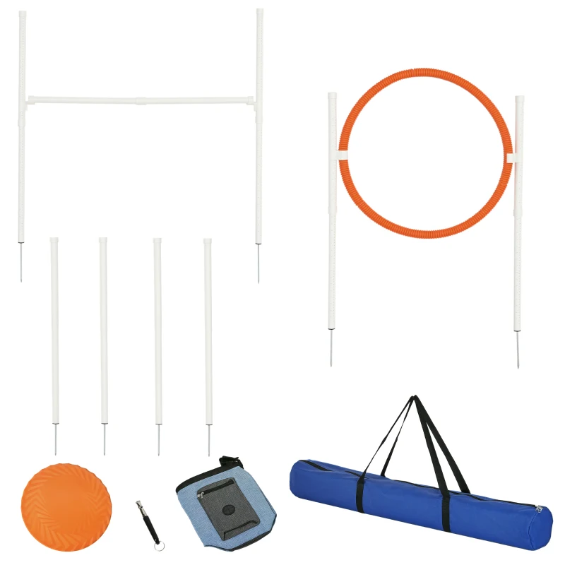 PawHut 5 Pieces Dog Agility Training Equipment with Disc, Whistle, Weaves Poles, Adjustable Jumping Poles, Food Bag, Carry Bag