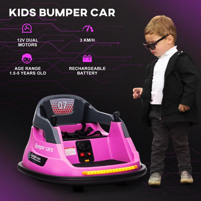 Aosom Bumper Car 12V 360° Rotation Electric Car for Kids, with Remote, Safety Belt, Lights, Music, for 1.5-5 Years Old, Pink