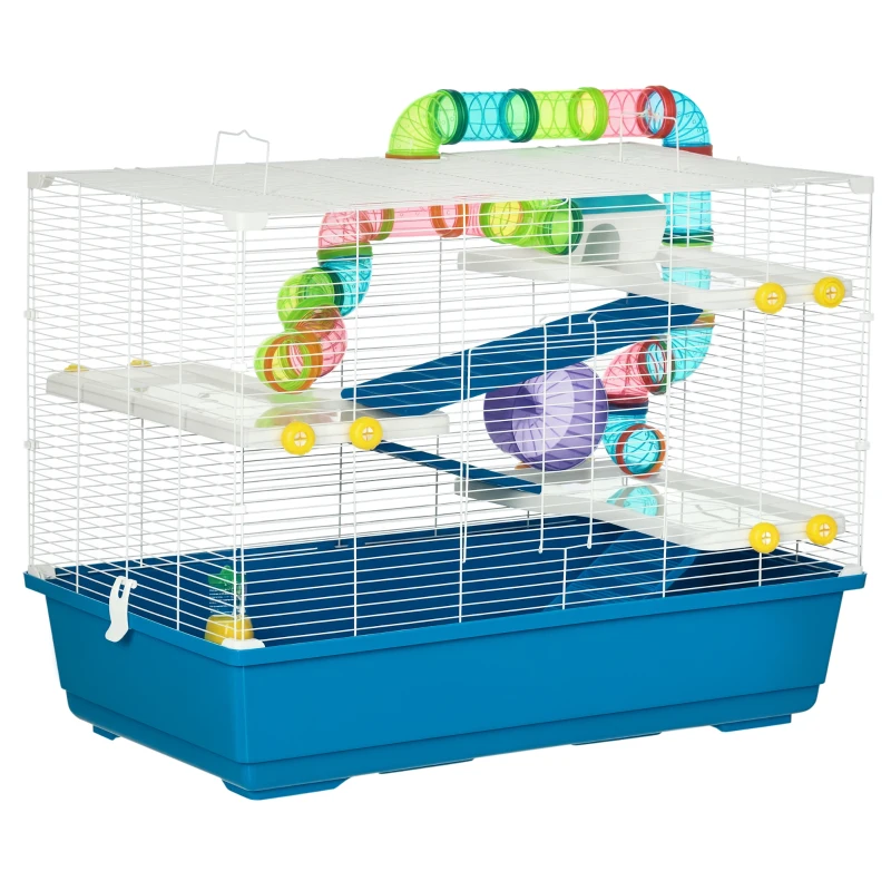 PawHut 31" Large Hamster Cage, Small Animal House, Multi-storey Gerbil Haven, Tunnel Tube System, with Water Bottle, Exercise Wheel, Food Dish, Ramps, Blue