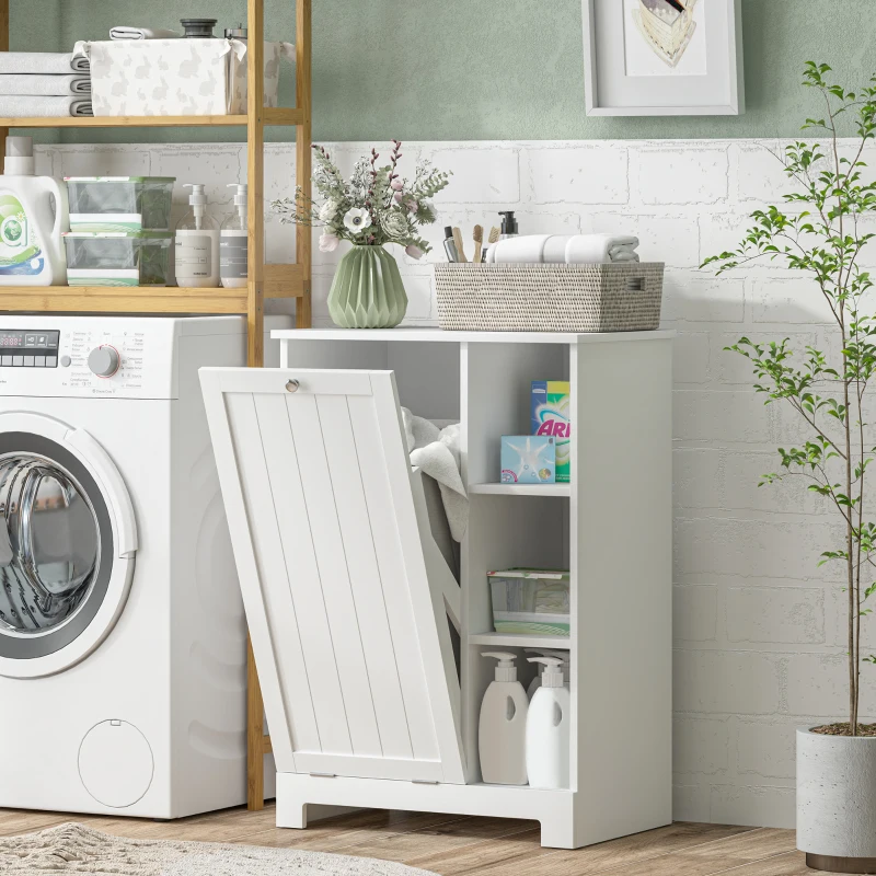 HOMCOM Laundry Cabinet with Removable Basket, Tilt Out Laundry Hamper with Adjustable Shelf and Open Compartments, White