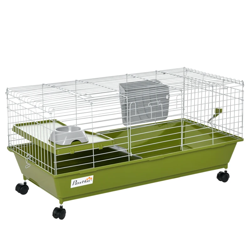 PawHut 35"L Small Animal Cage, Rolling Bunny Cage, Guinea Pig Cage with Food Dish, Water Bottle, Hay Feeder, Platform, Ramp for Chinchilla, Green
