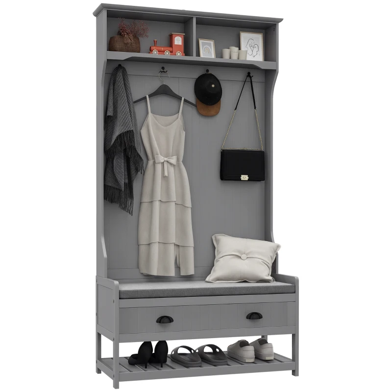 HOMCOM Coat Rack Shoe Bench, Hall Tree with Bench and Shoe Storage, Entryway Bench with 4 Hooks, 2 Drawers, 2 Shelves, Grey