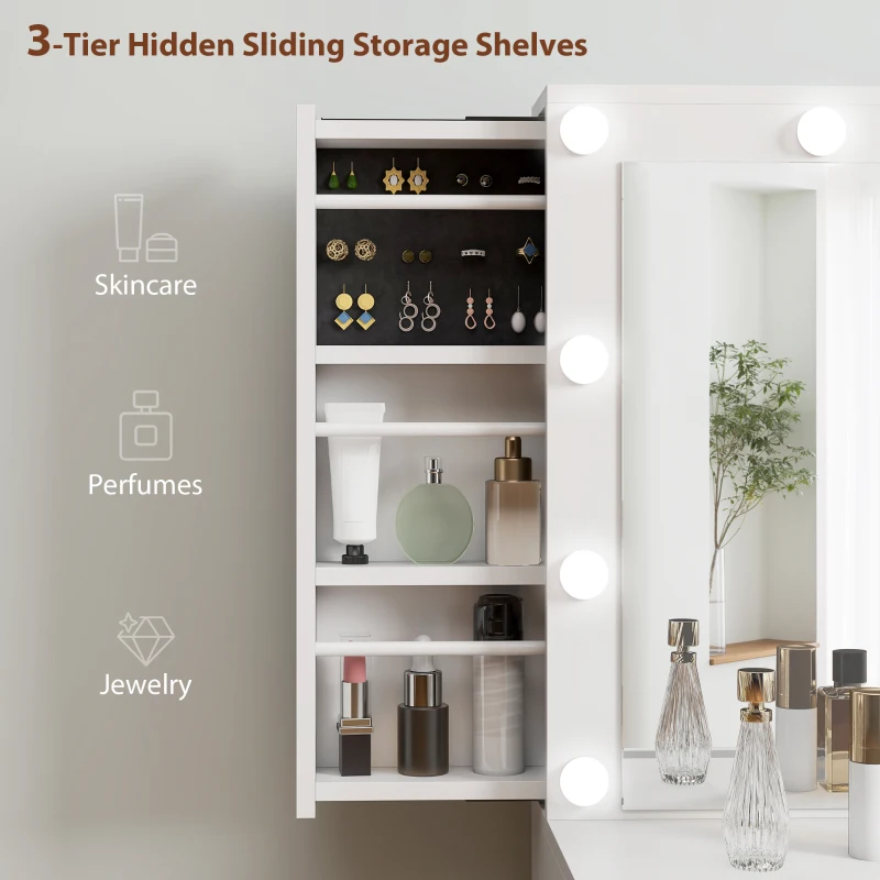 HOMCOM Makeup Vanity Table with Lights, Dressing Table with 7 Drawers, 6 Hidden Sliding Storage Compartments, White