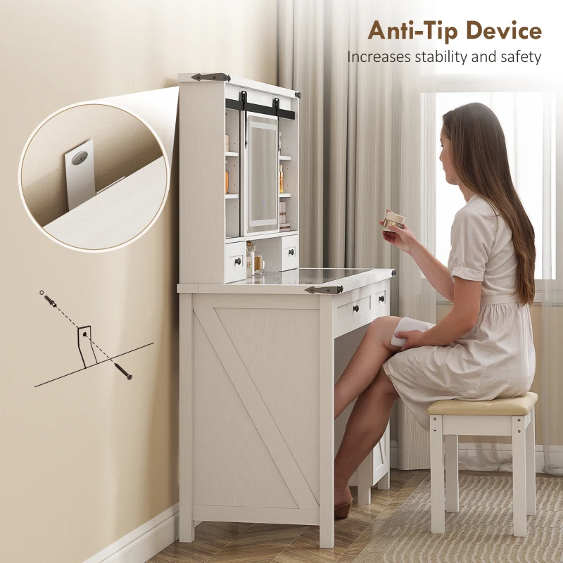 HOMCOM Vanity Desk Set with Mirror and Lights, Cushioned Stool, Storage Drawer, Cabinet, Shelves for Bedroom, White