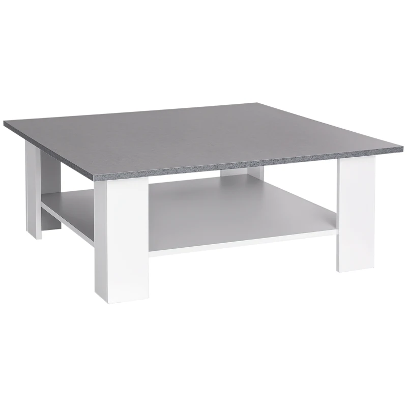 HOMCOM Square Coffee Table with Storage Shelf and Cement-like Tabletop for Living Room, White