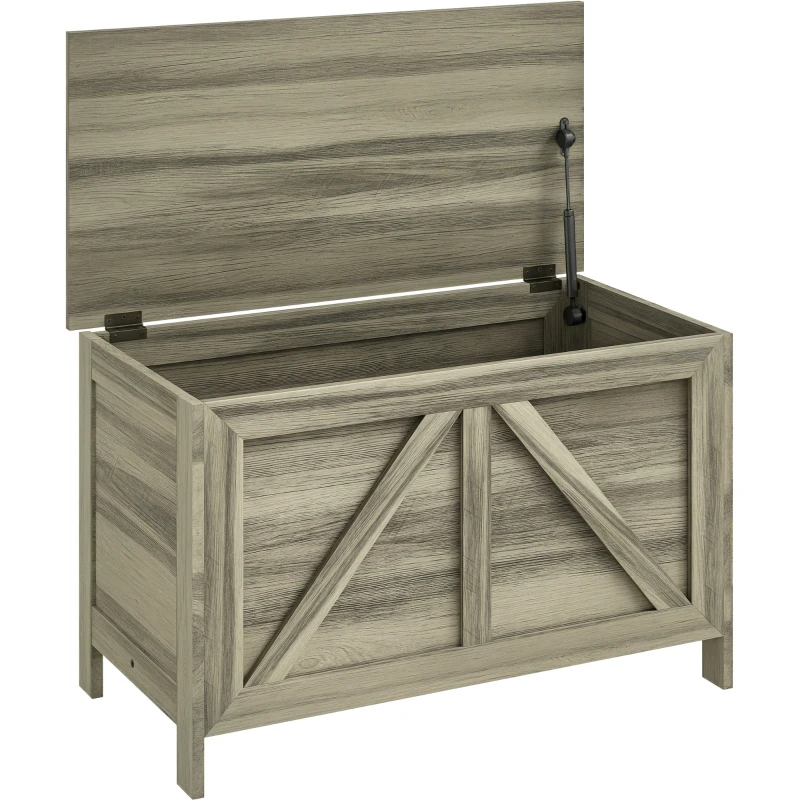 HOMCOM Storage Trunk Box Organizer with Farmhouse Panel, Safety Hinge to Open Up 100°, Grey Wood Grain