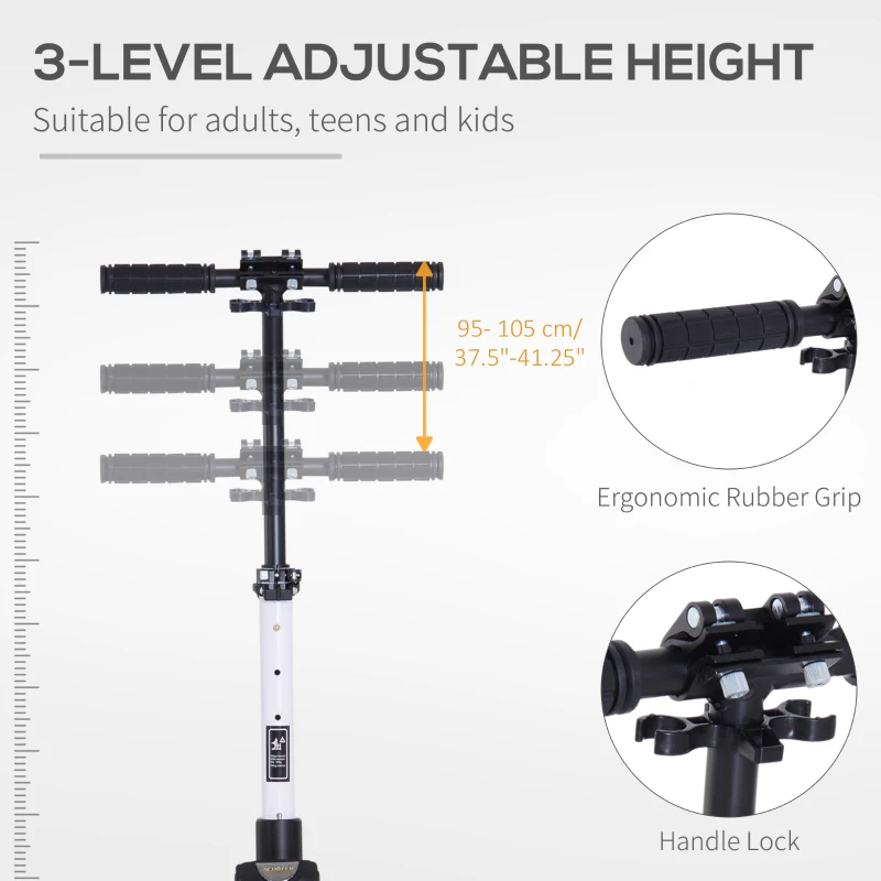 Soozier Foldable Kick Scooter with Adjustable Handlebar, Rear Brake, Dual Shock-Absorbing and Large Solid PU Tires Aluminum Frame for 14 Years Old and Up Teens Adult, White