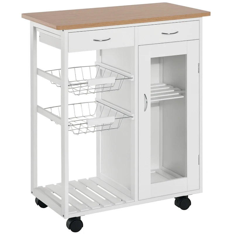 HOMCOM 28" Rolling Kitchen Island with Storage, Kitchen Cart with Solid Bamboo Top, Wire Basket,Door Cabinet and Drawers, White