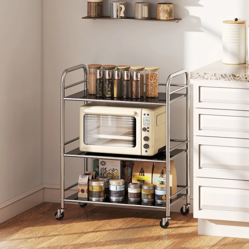 HOMCOM 3 Tier Stainless Steel Rolling Cart with Adjustable Shelf, Utility Cart on Wheels with Handles for Kitchen, Silver