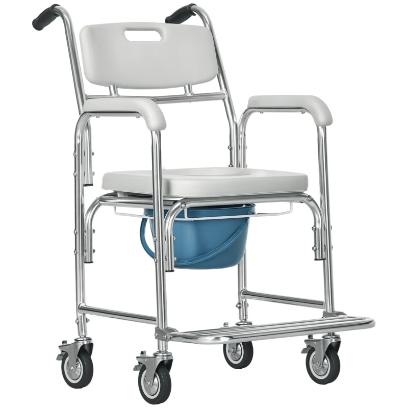 HOMCOM 3-in-1 Shower Commode Wheelchair, Transport Beside Commode Chair with Padded Seat for the Elderly, Disabled