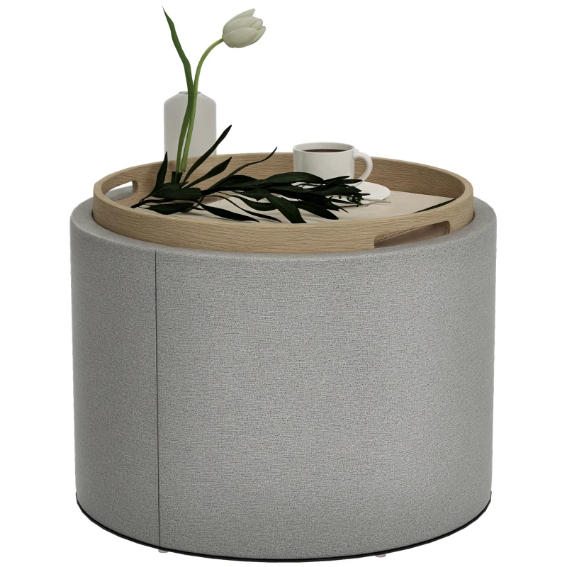 HOMCOM Round Coffee Table, End Table with Hidden Storage and Tray Top, Linen Upholstered Footrest for Living Room