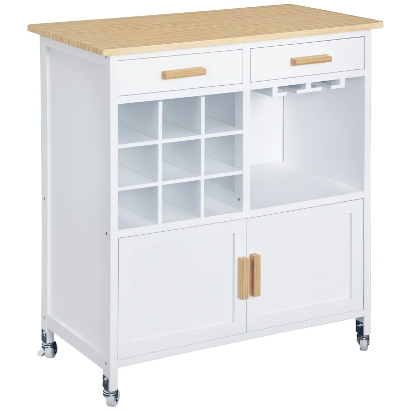 HOMCOM Portable Kitchen Trolley with Bamboo Top Storage Cabinet and Wine Rack (White)