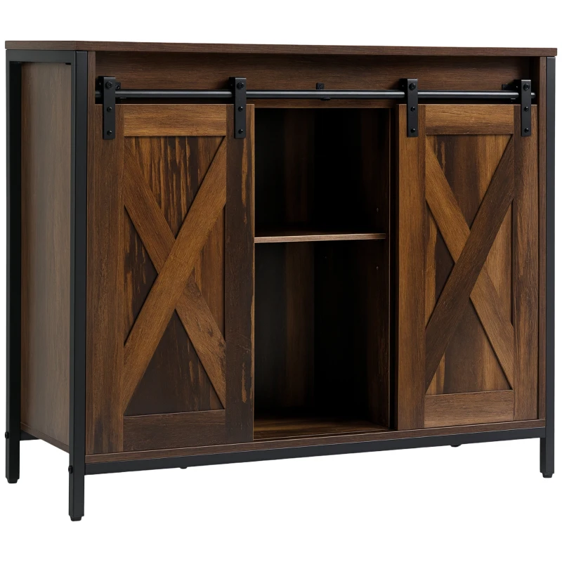HOMCOM Industrial Sideboard Buffet Cabinet, Coffee Bar Cabinet, Kitchen Cabinet with Sliding Barn Doors, Storage Cabinets and Adjustable Shelves for Living Room, Home Bar, Rustic Brown