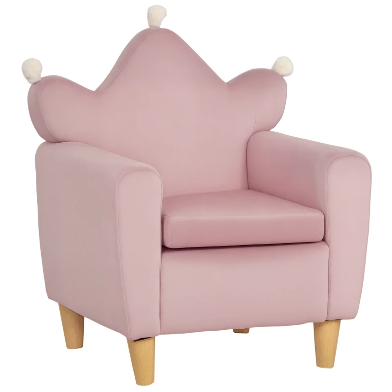 Qaba Soft Kids Sofa Chair, Single Lounger Armchair for Children with Strong Frame, Cute Pink Crown Throne for Relaxing, Watching TV, Studying