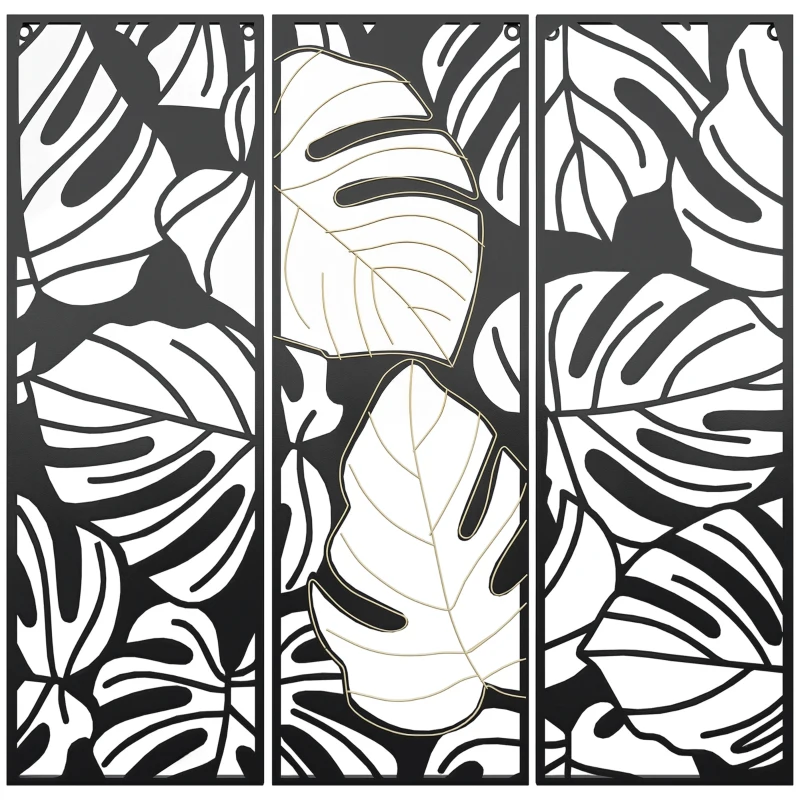 HOMCOM Metal Wall Art Abstract Line Fir Leaves Set of 3 Hanging Wall Sculpture Home Decor for Living Room Bedroom Kitchen 12"x36", Black Gold