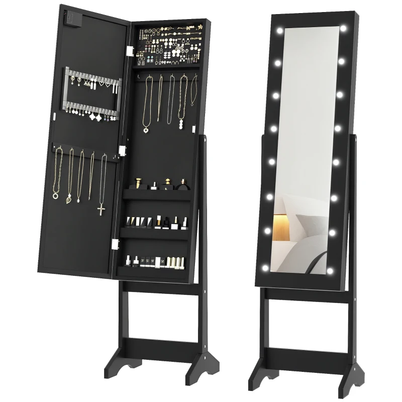 HOMCOM Free Standing Armoire Organizer, Lighted Mirrored Jewelry Cabinet w/ Angle Adjustable & 16 LED Lights Black