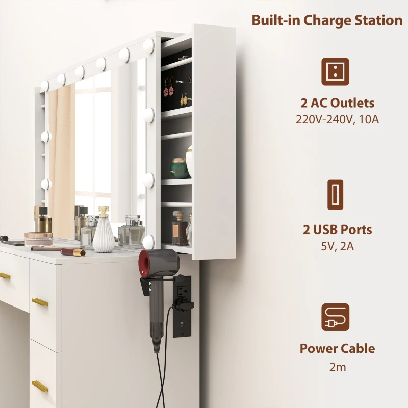 HOMCOM Makeup Vanity Table with Lights, Dressing Table with 7 Drawers, 6 Hidden Sliding Storage Compartments, White